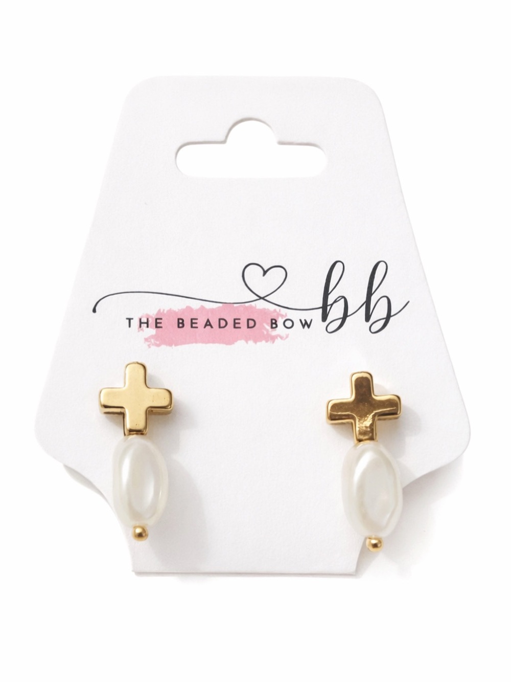 Gold Cross Pearl Drop Earrings by - White Pearls